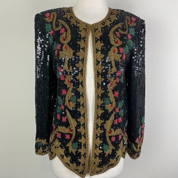 Rina Z Black Sequin Beaded Paisley Long Sleeve Open Front Silk Blazer Small